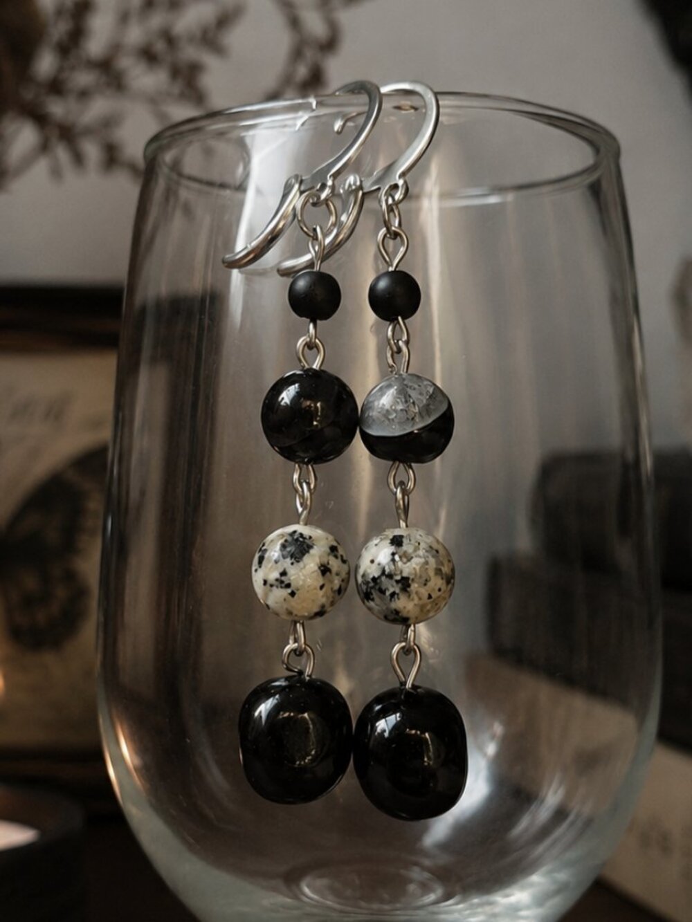 Black Agate & Jasper Drop Earrings, Stainless Steel Leverback